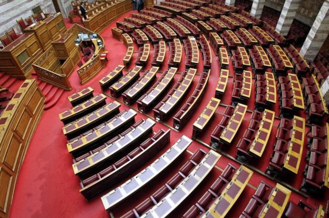 The Greek Parliament is seen empty prior to the beginning of the parliament plenum in Athens