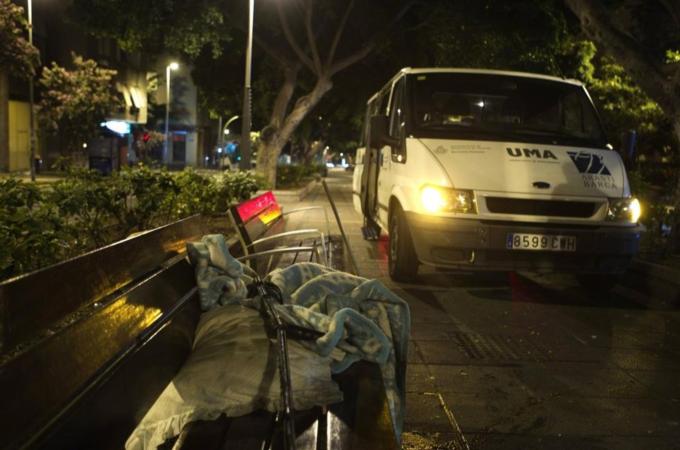 Belongings of a homeless man are seen on a bench, next to a town hall''s mobile social assistance unit, after he was picked up to be lead into a shelter in Santa Cruz de Tenerife