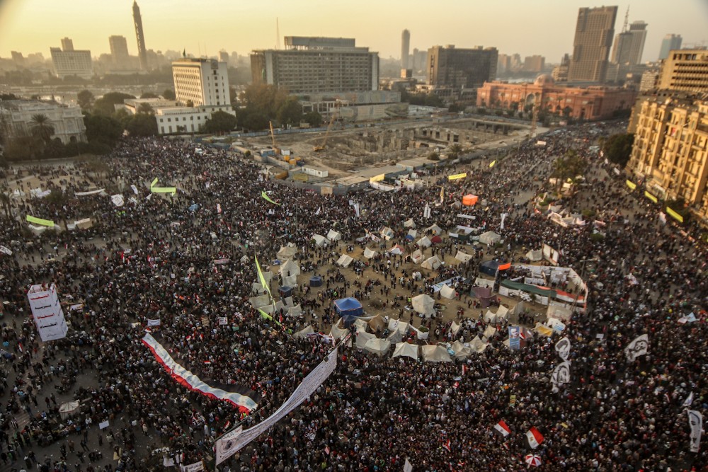 Crowds began to pack Tahrir Square and the surrounding streets on Friday to mark two years since the revolution that toppled Hosni Mubarak from power.