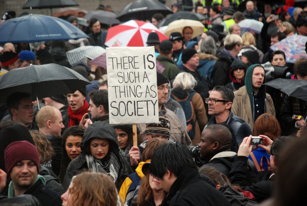 Hundreds braved the London rain on Saturday night to mark the death of Margaret Thatcher. The former British Prime Minister once famously stated that "there is no such thing as society - there are individual men and women, and families".   
