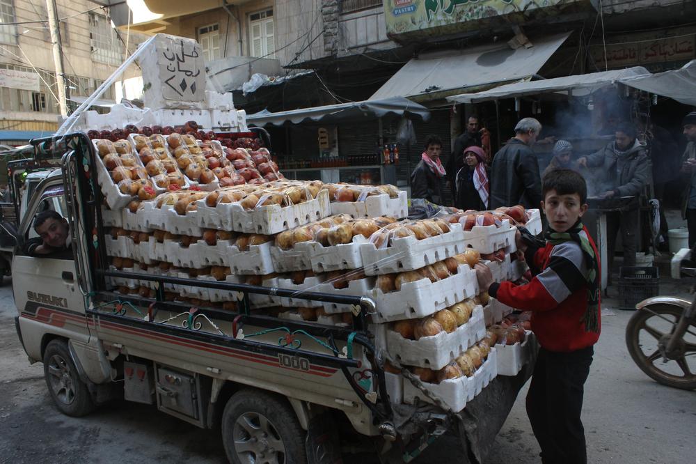 <p>A child stands beside a stock of pomegranates he sells in Aleppo, stuck with a surplus because so many people have fled the once-bustling commercial capital.</p>