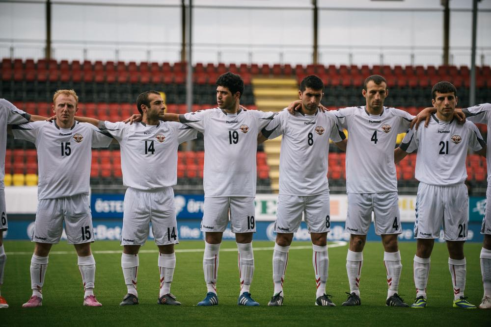 <p>The Nagorno-Karabakh team stands during the playing of the national anthems before a game. Although the football federation of Azerbaijan requested that CONIFA prevent the breakaway republic from participating, CONIFA declined to do so.</p>