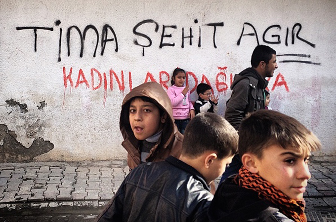 Children in Cizre at a protest over the death of a Kurdish boy killed in clashes with Turkish police [Cale Salih]