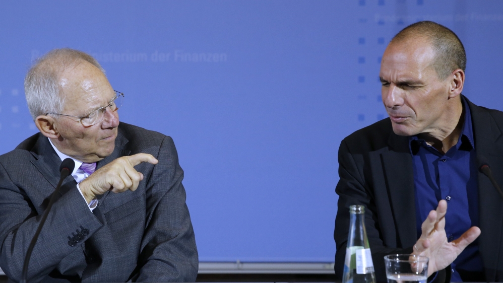 Greek Finance Minister Varoufakis and German Finance Minister Schaeuble address news conference at the finance ministry in Berlin