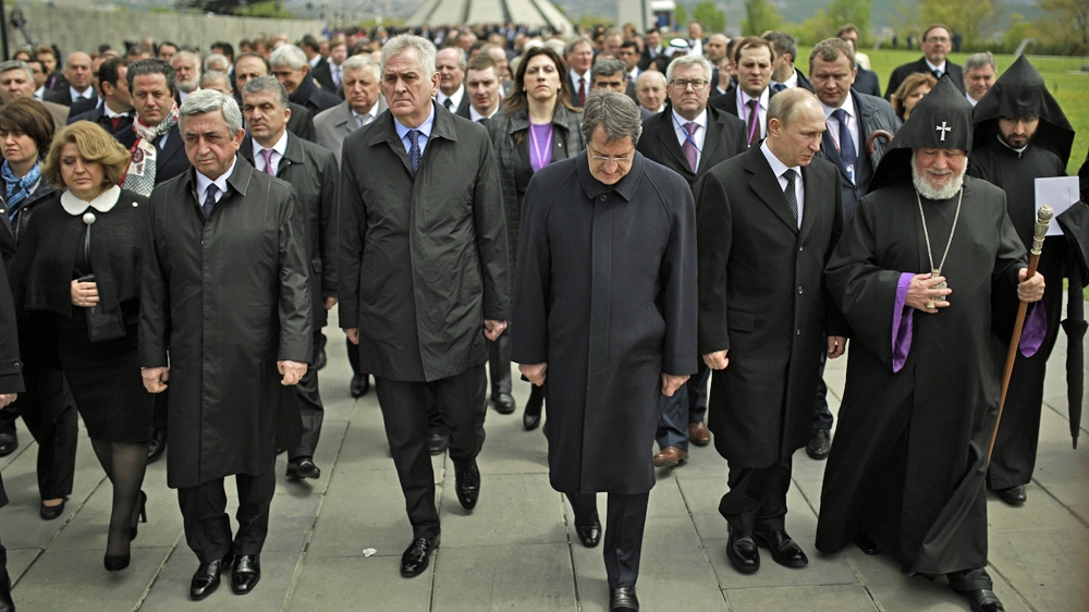 Armenia's President Serge Sarkisian (second from left) is joined by other world leaders including Russian President Vladimir Putin during commerations on Friday [AP]