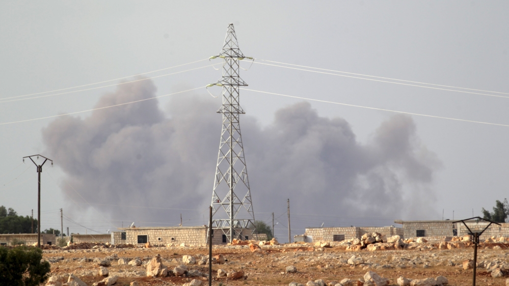 Smoke rises after what activists said were Russian airstrikes in the southern countryside of Idlib, Syria