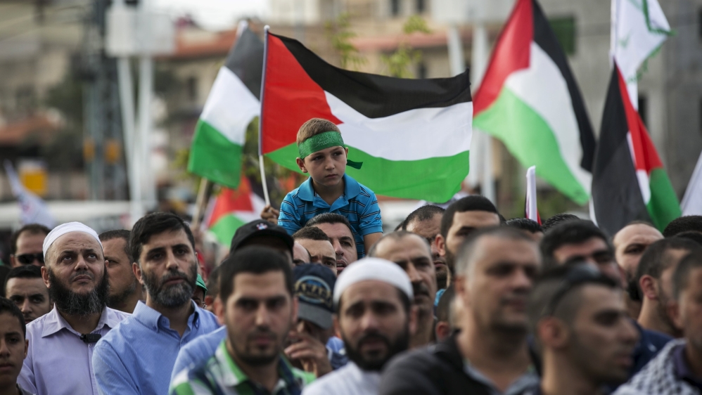 Israeli-Arabs hold Palestinian flags during a pro-Palestin