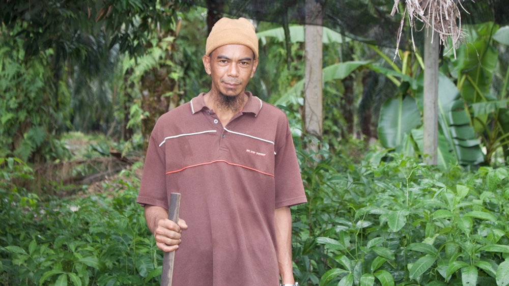 Ramli Suraji, 42, runs a community nursery growing trees to be replanted in the peat swamp forest [Kate Mayberry/Al Jazeera]