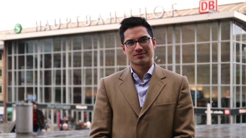 'We are standing for a politics that is more patriotic so that [Germans] have a normal way of thinking about [their] own identity,' Carlo Clemens, the president of the Cologne chapter of the Young Alternative, explains [Adrien le Coarer/Al Jazeera] 