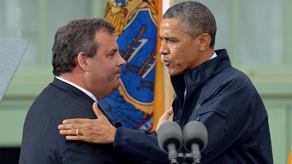 New Jersey Governor Chris Christie introduces U.S. President Barack Obama from the presidential lectern at Asbury Park in New Jersey
