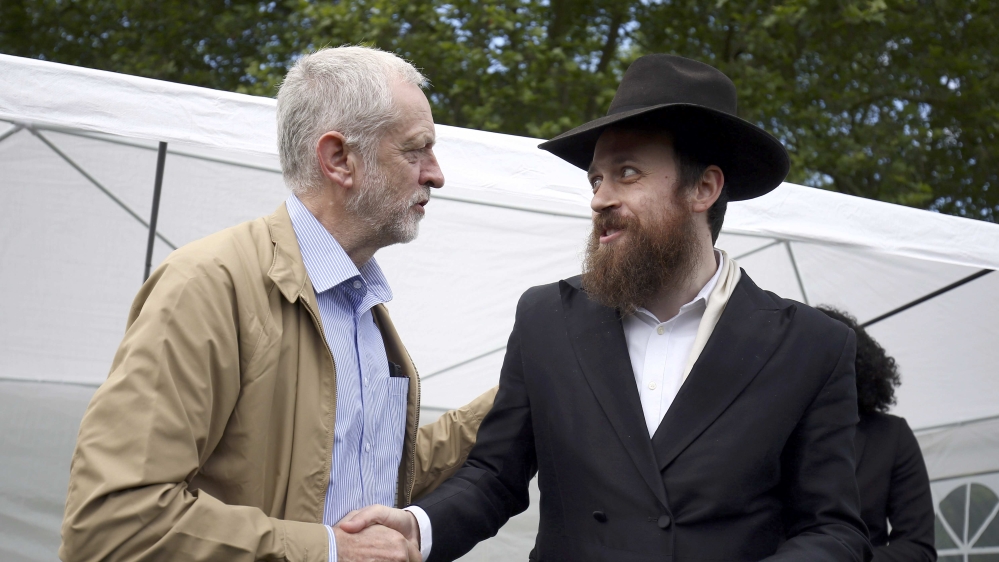 File: Corbyn shakes hands with Rabbi Mendy Korer at an anti-racism rally in London [Reuters]