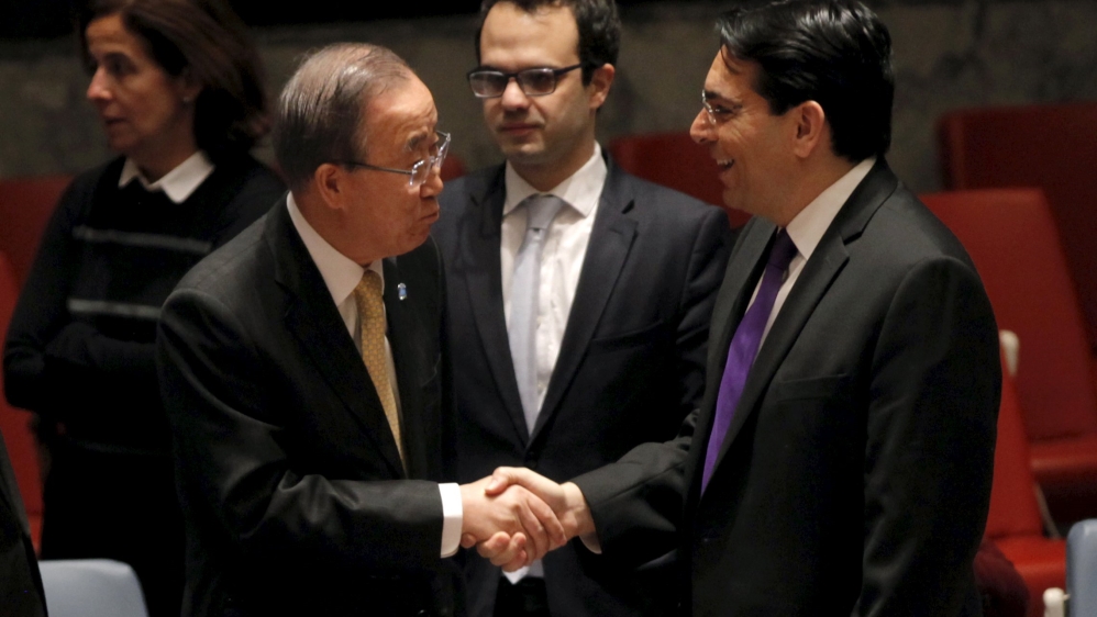 United Nations Secretary General Ban Ki-moon greets Israel''s Ambassador to the U.N. Danny Danon before a U.N. Security Council meeting on the Middle East at U.N. headquarters in New York