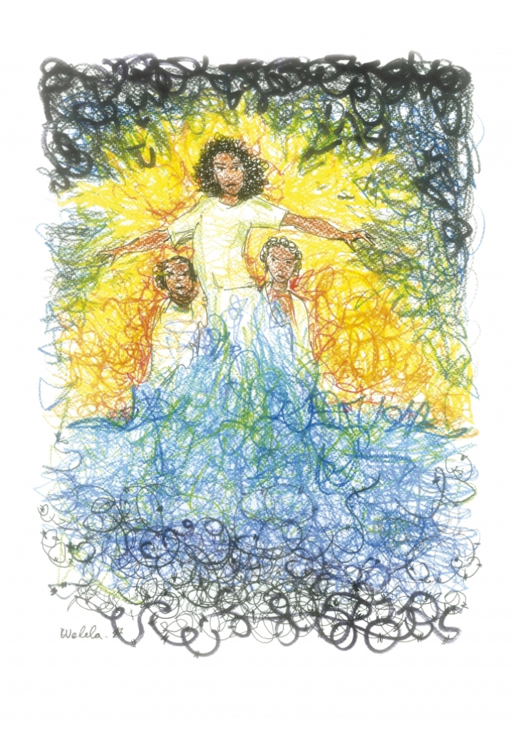  Welela, who died of her burns, is depicted as an angelic figure with fire behind her in a barbed-wire sea    [Drawing by Francesco Piobbichi] 