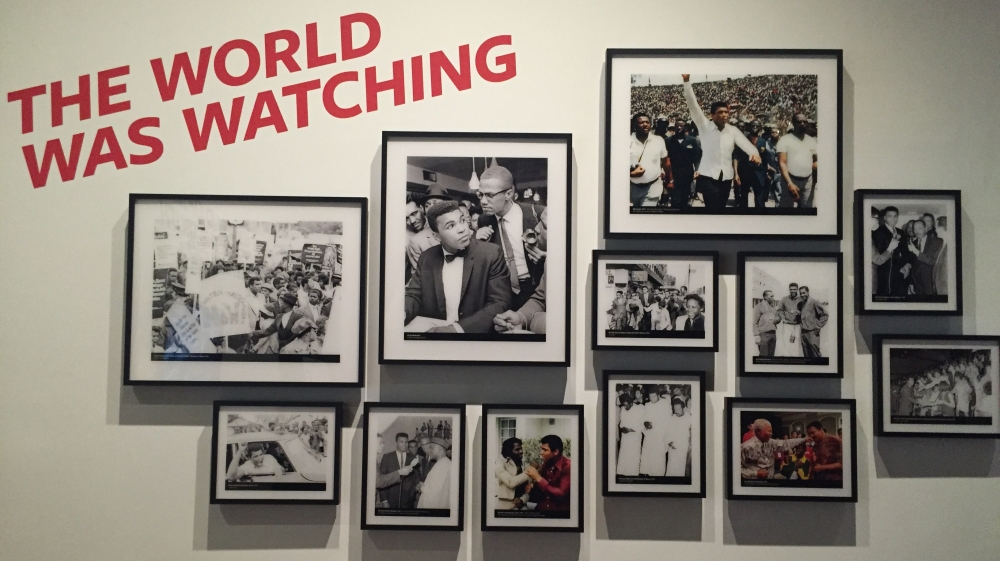 
A tribute to Muhammad Ali, an African American Muslim boxing legend, that includes his headgear and boxing gloves [Dalia Hatuqa/Al Jazeera]
