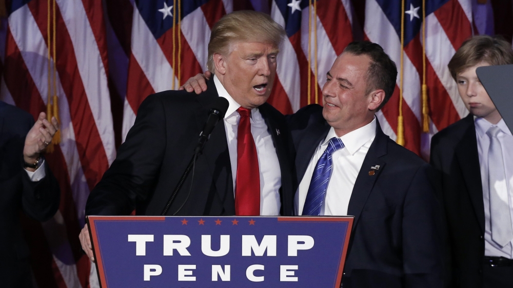 Donald Trump and Reince Priebus address supporters during his election night rally in New York