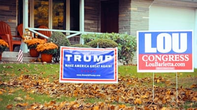 Trump campaign posters in Hazleton [Hector Muniente/Al Jazeera]