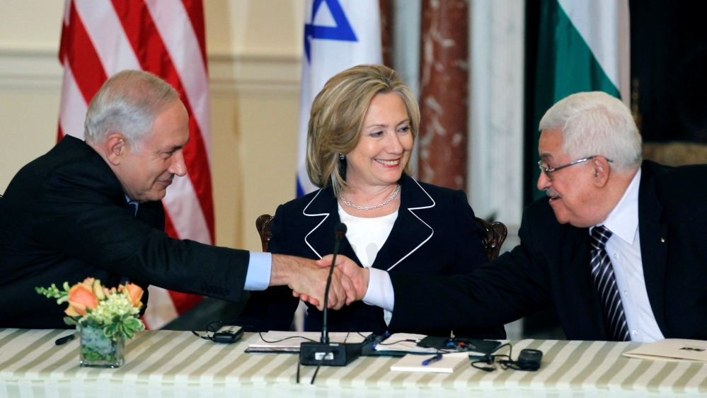 U.S. Secretary of State Clinton with Netanyahu and Abbas during peace talks in Washington