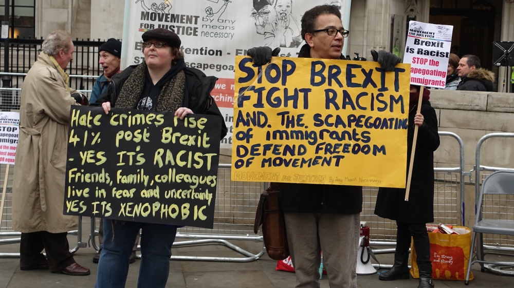 Anti-Brexit activists outside the Supreme Court [Shafik Mandhai/Al Jazeera]