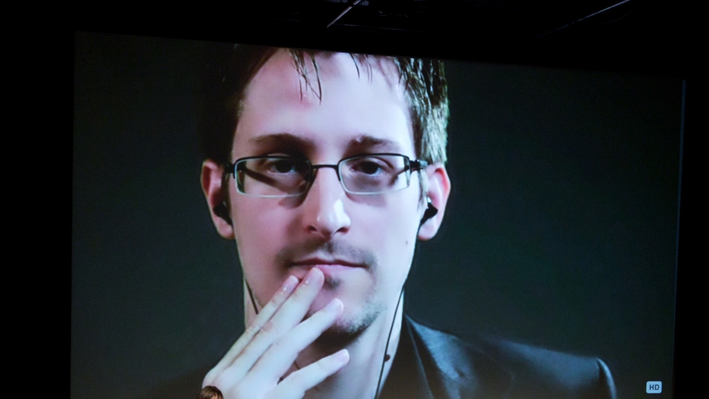 Edward Snowden talks with Jane Mayer via satellite at the 15th Annual New Yorker Festival