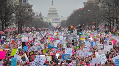 Hundreds of thousands march down Pennsylvania Avenue during the Women''s March in Washington