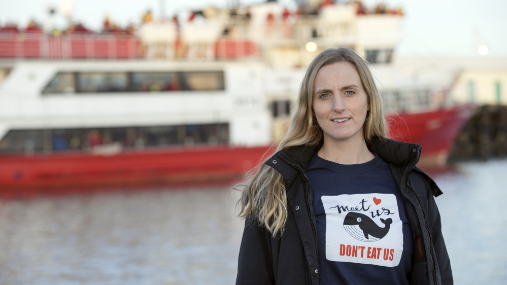 IceWhale, funded by the whale-watching industry, promotes the  'Meet Us, don't eat us' campaign, urging tourists to avoid pro-whaling restaurants [Egill Bjarnason/Al Jazeera]