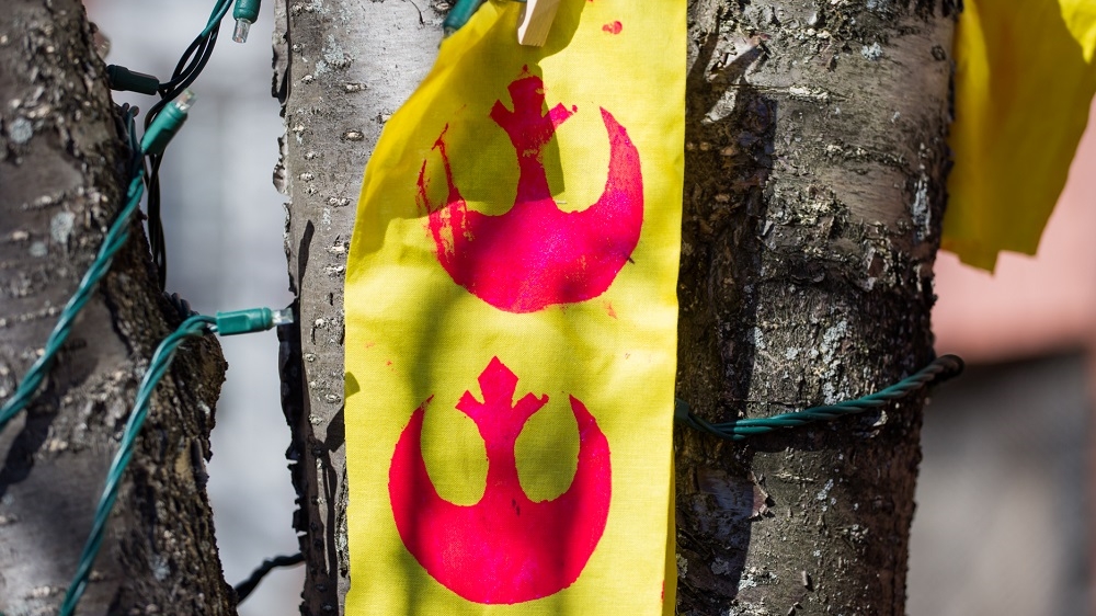 Patches bearing the Rebellion's symbol from the movie 'Star Wars' hang out to dry on a tree, during the We Are One rally in Somerville [Carolyn Bick/Al Jazeera]