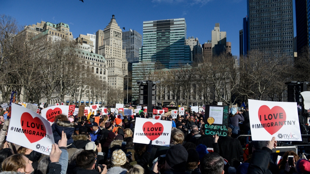 People participate in a protest against President Donald Trump''s travel ban, in New York City