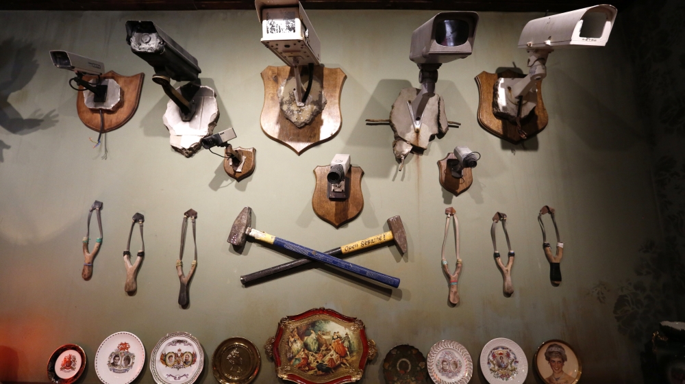 A view from the western wall of the lobby of the Walled Off Hotel in Bethlehem. The hotel will open for guests on March 20 with bookings via its website [Abed Al Hashlamoun/EPA] 