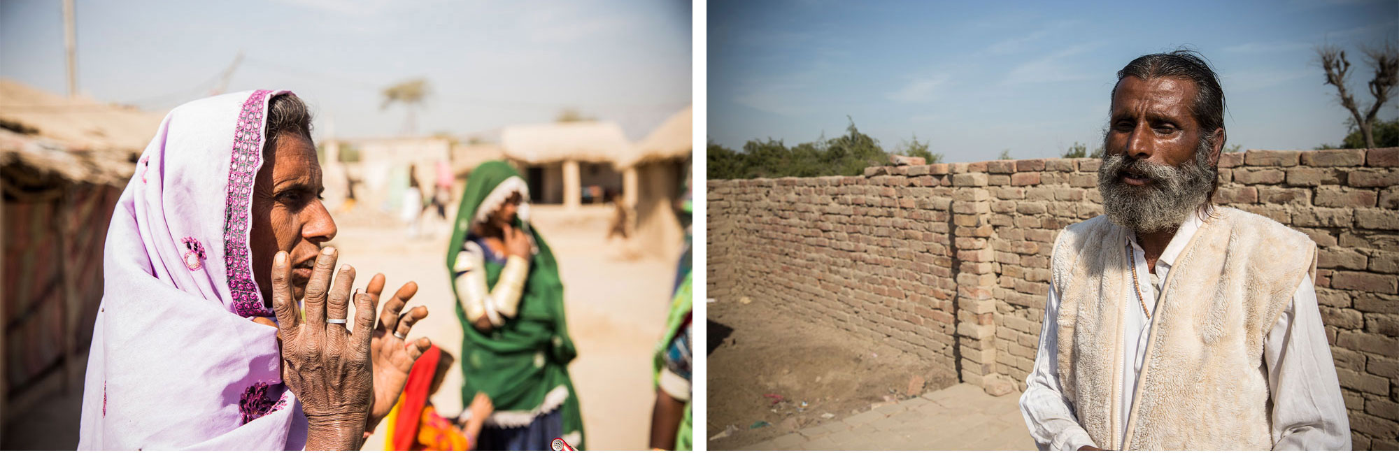 
Soomri, left, lost her husband after he was kidnapped and beaten to death by the feudal lord. Sumar, right, is a hindu scholar who looks after a small temple in Azad Nagar. 'We just need our children to go to school and be educated, that's all we ask for,' he said [Faras Ghani/Al Jazeera]
