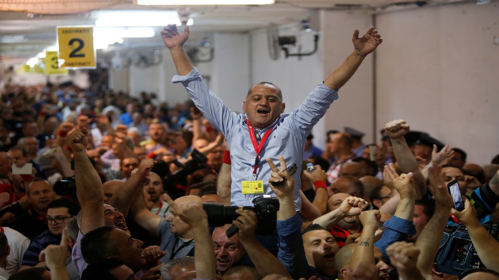 Labour Party supporters celebrate in Naxxar after the announcement of the early results [Darrin Zammit Lupi/Reuters]