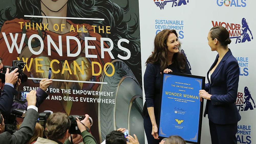 Gadot attended the ceremony alongside with Lynda Carter, who played Wonder Woman in the 70's when the UN declared the comic book character as its new Honorary Ambassador for the Empowerment of Woman and Girls [Getty]