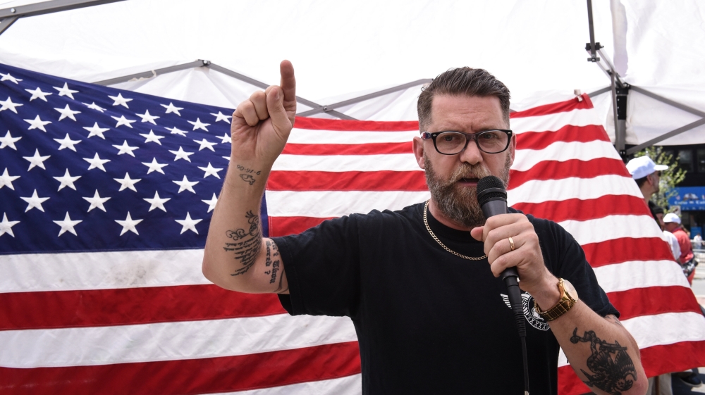 Gavin McInnes speaks during an event called "March Against Sharia" in New York City