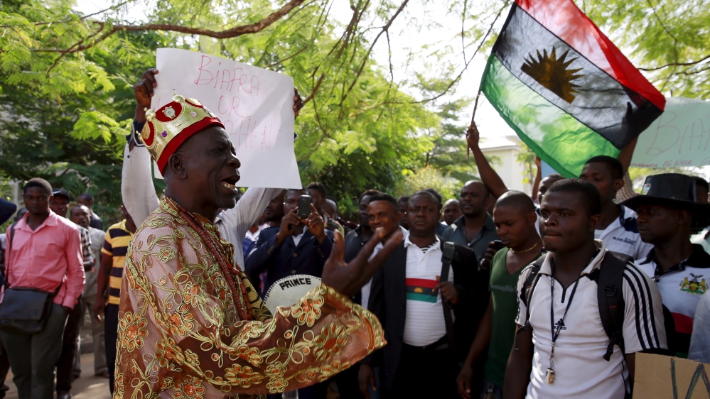 Traditional ruler Prince Ozo Onna joins supporters of Indigenous People of Biafra (IPOB) leader Nnamdi Kanu in a rally, as he is expected to appear at a magistrate court in Abuja