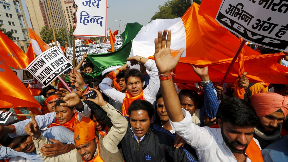 Activists from the student wing of BJP shout slogans during a protest march against 'anti-national sloganeering' at JNU in New Delhi on February 24, 2016 [Reuters/Adnan Abidi]
