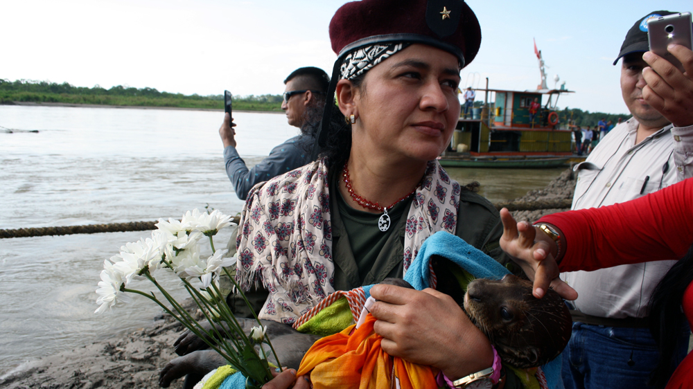 Martha carried her otter Yorki in her arms on their way to the demobilisation camp [Chantal Flores/Al Jazeera]