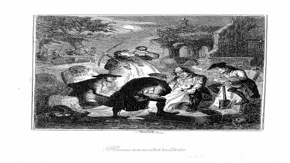 Resurrectionists or Body Snatchers were much-feared. John Hunter retained their services to ensure a constant supply of bodies for dissection. Illustration by 'Phiz' (Hablot K Browne) 1887 [Getty Images]