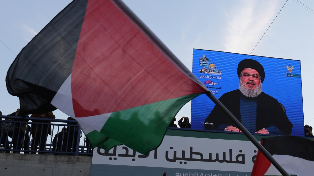 Lebanon''s Hezbollah leader Sayyed Hassan Nasrallah speaks via a screen during a protest in Beirut''s southern suburbs