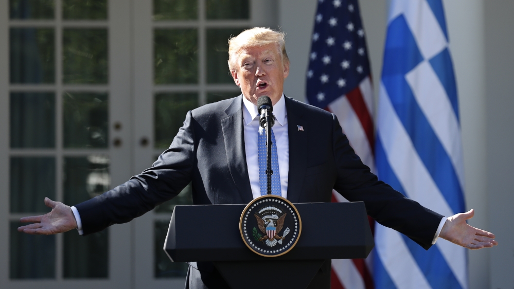 U.S. President Trump speaks as he holds a joint press conference with Greek Prime Minister Tsipras at the White House in Washington