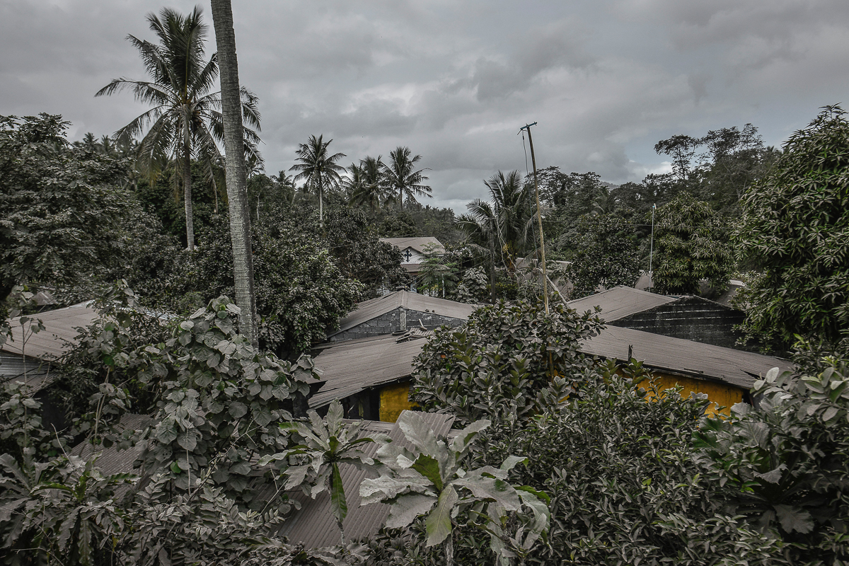 Houses and trees are seen covered in thick ash following volcanic eruptions from Mount Mayon in Guinobatan, Albay province, Philippines, January 24, 2018. Volcanic ash covered most of the western area