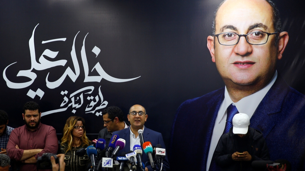 Egypt''s Presidential candidate Khaled Ali is seen speaking during a press conference in Cairo