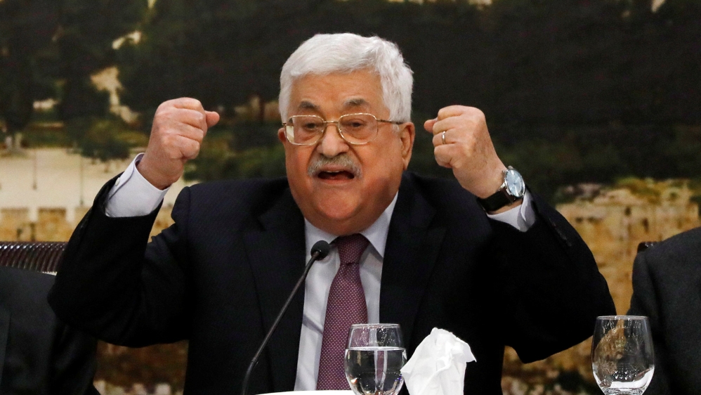 Palestinian President Mahmoud Abbas speaks during the meeting of the Palestinian Central Council in the West Bank city of Ramallah