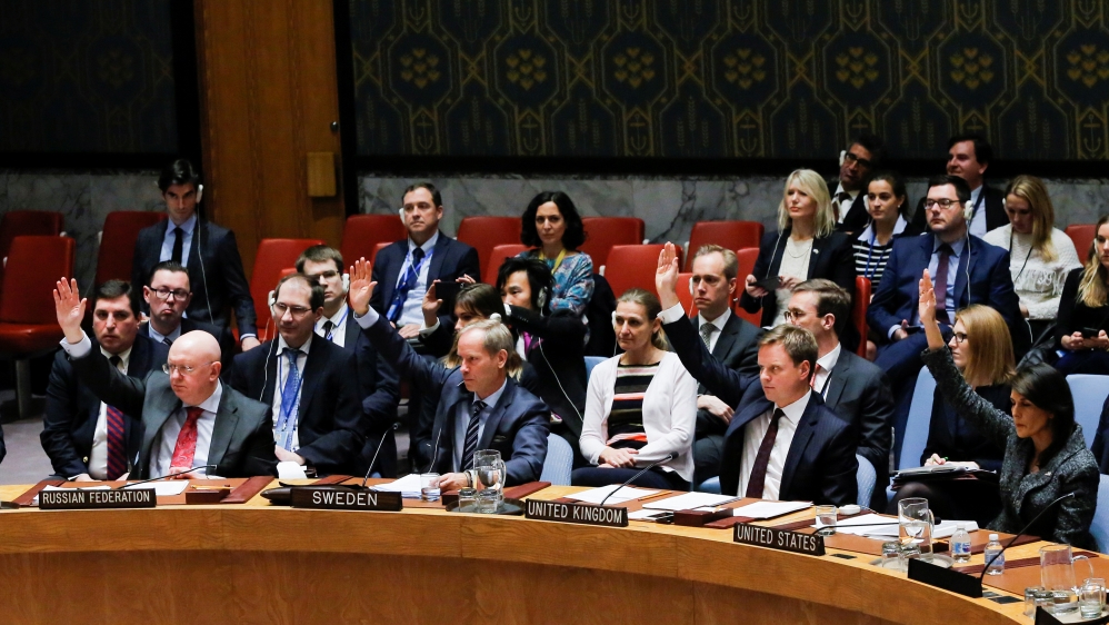 Members of the United Nations Security Council vote for ceasefire to Syrian bombing in eastern Ghouta, at the United Nations headquarters in New York, U.S., February 24, 2018. REUTERS/Eduardo Munoz