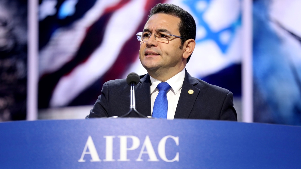 Guatemalan President Jimmy Morales speaks to the American Israel Public Affairs Committee AIPAC Policy Conference in Washington, DC