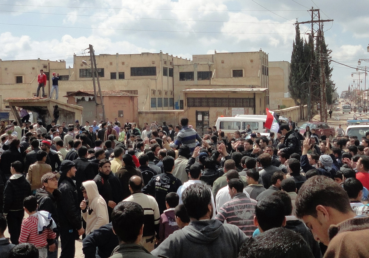 Syrians shout ‘freedom’ during a protest at Dael region, near the city of Deraa in southern Syria on March 25, 2011