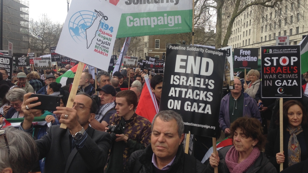 Protesters in London denounce massacre of Palestinians in Gaza