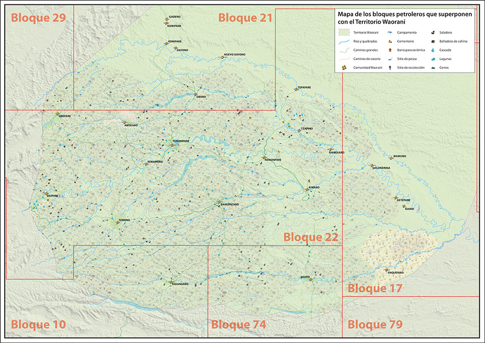 The map shows the approximately 180 hectares of Waorani land, as well as the divided oil blocks [Courtesy of Amazon Frontlines]
