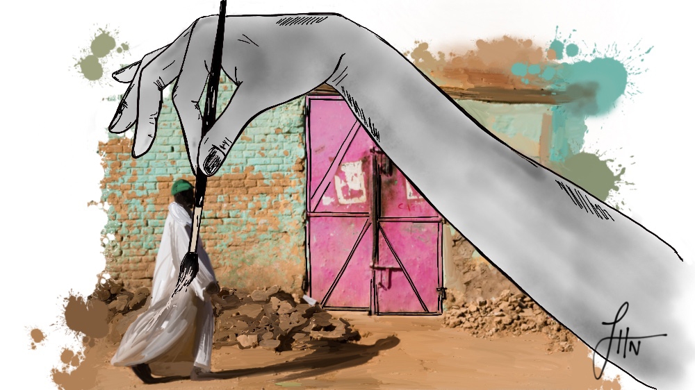 
A man walks past a door during Friday prayers in Omdurman, December 2017 [Original photo: Janto Djassi/Picture Me Different. Illustration by Jawahir Hassan Al-Naimi/Al Jazeera]
