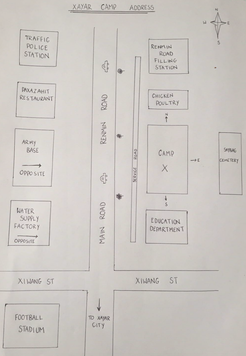 Tarim provided a handwritten map of the camp in Xayar, where his sister was 'detained' [Al Jazeera]