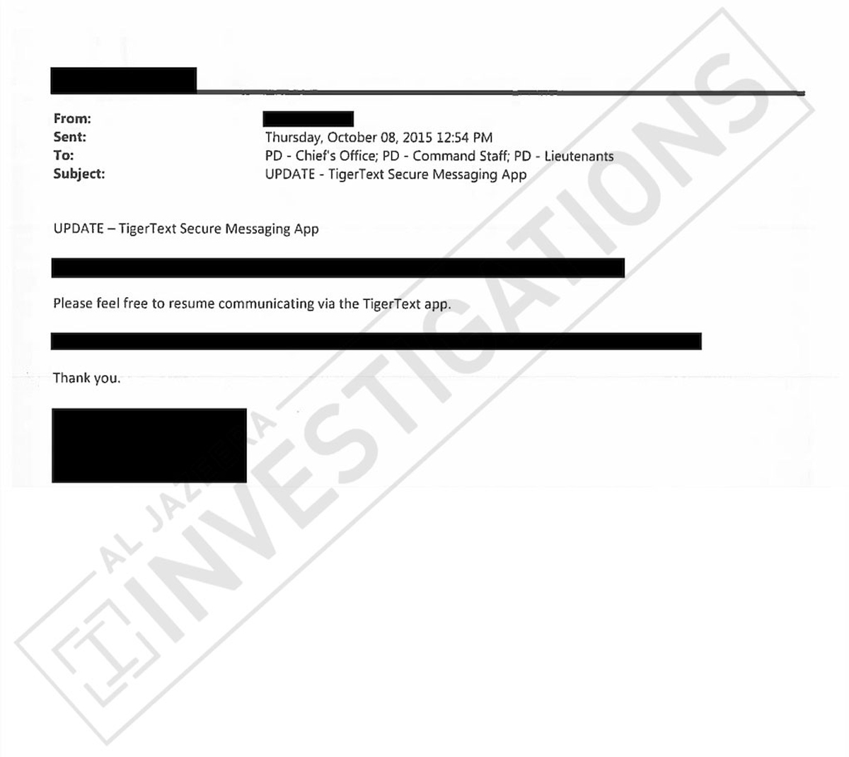 An internal email obtained by Al Jazeera shows that the Tiger Text program was widely used by LBPD. This note sent in 2015 went out to all Lieutenants, Command Staff and the Chief’s Office. 