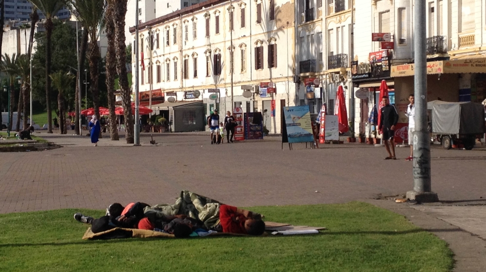 New arrivals sleep rough on Tangier boulevard [Joe Wallen/Al Jazeera]